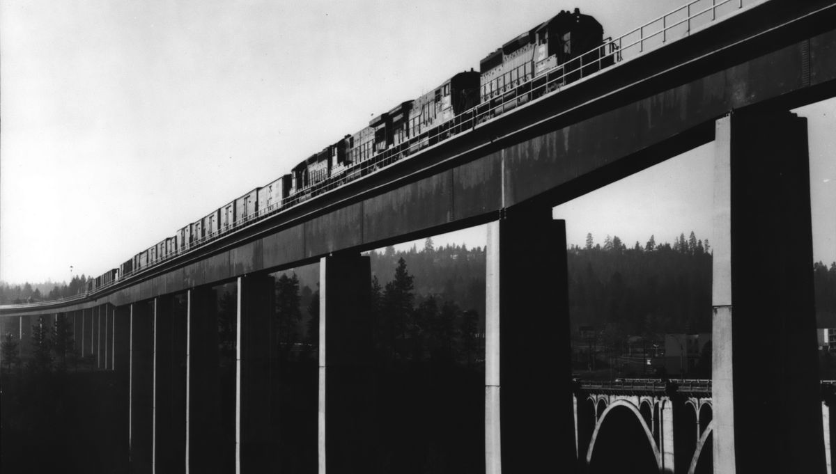1972: A Burlington Northern train makes one of the first runs over the railroad’s new, 4,260-foot-long Latah Creek Bridge, which went into use on Dec. 6, 1973. Merger of four railroads into the Burlington Northern spurred consolidation of railroad routing in Spokane, and the opening of the new bridge route signaled the start of a project to remove tracks no longer needed along Spokane’s riverfront. The line improvement cost $16.2 million and included construction of seven miles of new track and 11 bridges.  (THE SPOKESMAN-REVIEW PHOTO ARCHIVE)