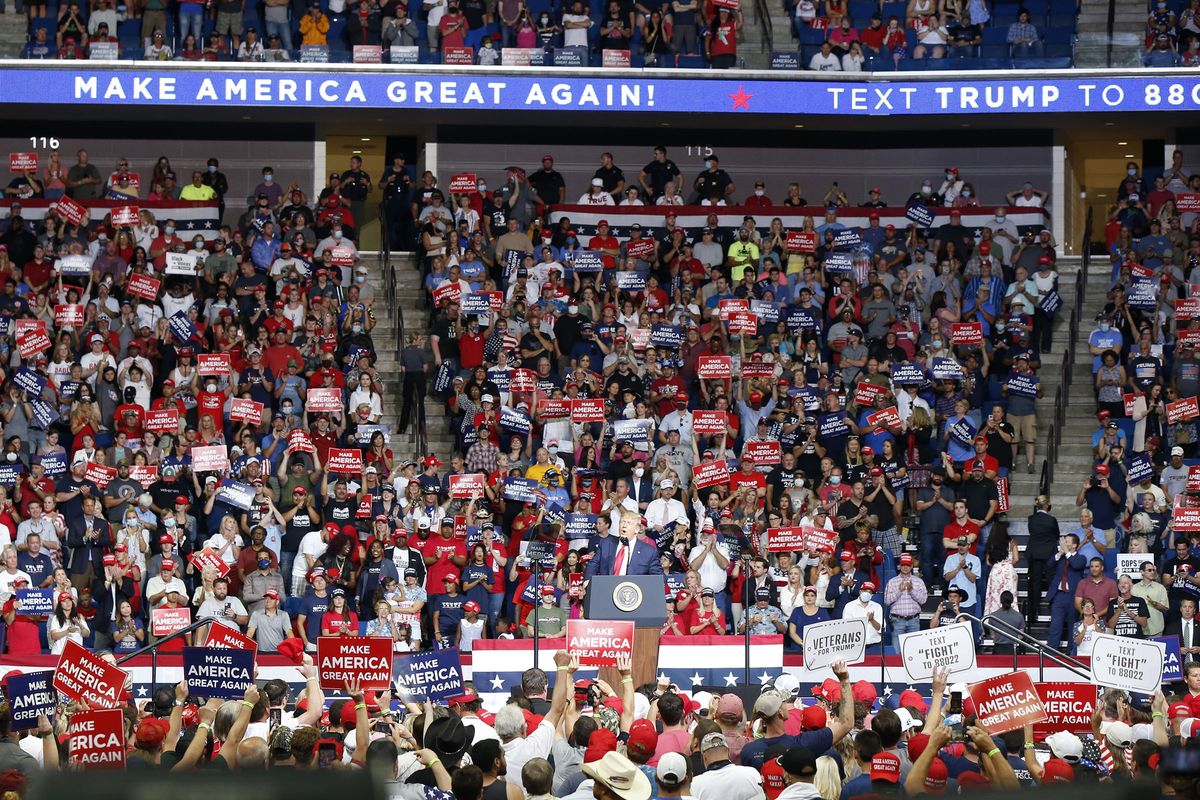 President Donald Trump, front center, speaks at BOK Center during a campaign rally in Tulsa, Okla., Saturday, June 20, 2020.  (Stephen Pingry)