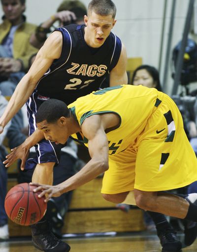 San Francisco's Kwame Vaughn loses his balance as he drives to the basket in front of Gonzaga's Micah Downs during the first half in San Francisco. (George Nikitin / Associated Press)