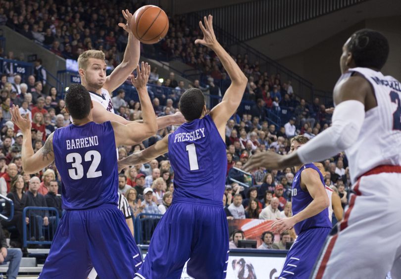 Gonzaga forward Domantas Sabonis (11) passes against Portland State during a college basketball game on Saturday, Jan. 9, 2016, at McCarthey Athletic Center in Spokane, Wash. (Tyler Tjomsland / The Spokesman-Review)