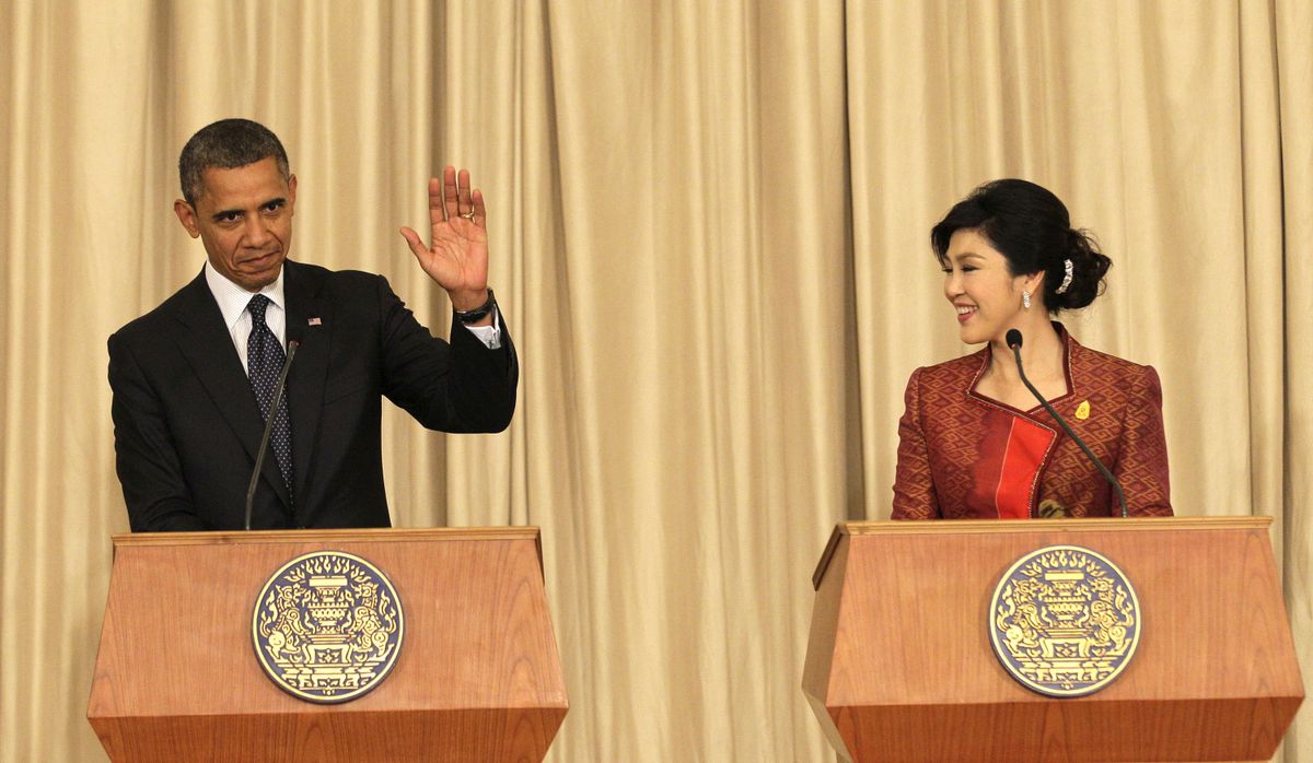 U.S. President Barack Obama, left, and Thai Prime Minister Yingluck Shinawatra hold a joint press conference at the Government House in Bangkok, Thailand, Sunday, Nov. 18, 2012. (Sakchai Lalit / Associated Press)