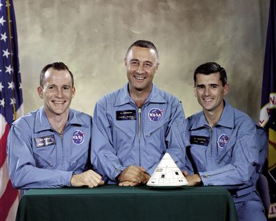 An undated photo made available by NASA shows the Apollo 1 crew, from left, Edward H. White II, Virgil I. “Gus” Grissom, and Roger B. Chaffee. On Jan. 27, 1967, a flash fire erupted inside their capsule during a countdown rehearsal, with the astronauts atop the rocket at Cape Kennedy Launch Complex 34, now Cape Canaveral. All three died. (Johnson Space Center / Associated Press)