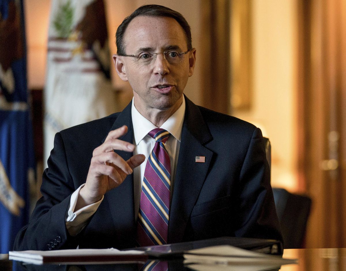 Deputy Attorney General Rod Rosenstein speaks during an interview with the Associated Press at the Department of Justice, Friday, June 2, 2017, in Washington. (Andrew Harnik / Associated Press)