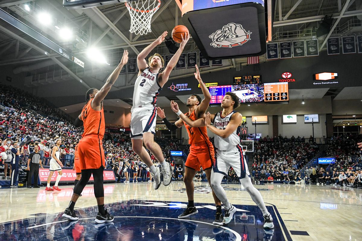 Gonzaga forward Drew Timme scores down low against Pacific, Thursday, Feb. 10, 2022 in the McCarthey Athletic Center.  (Dan Pelle/THE SPOKESMAN-REVIEW)