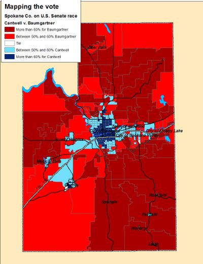 Map of the U.S. Senate race results in Spokane County on Election Night (Jim Camden)