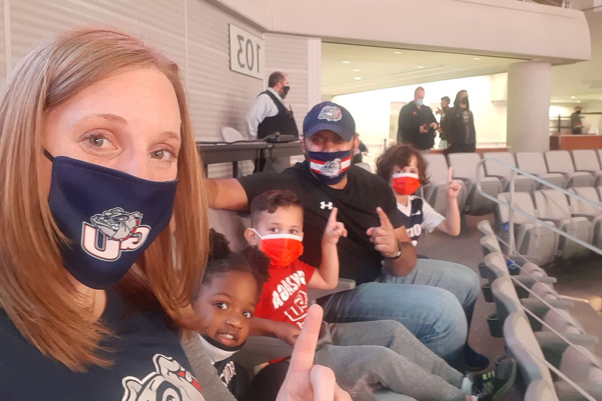 Jobin and Jenni Panicker with their kids at the Gonzaga game in Fort Worth Dec. 2020.  (Courtesy Jenni Panicker)