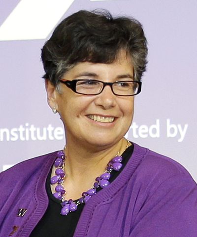 In this photo taken, Sept. 23, 2015, University of Washington  President Ana Mari Cauce smiles during an event at the Microsoft Campus in Redmond, Wash. (Ted S. Warren / Associated Press)