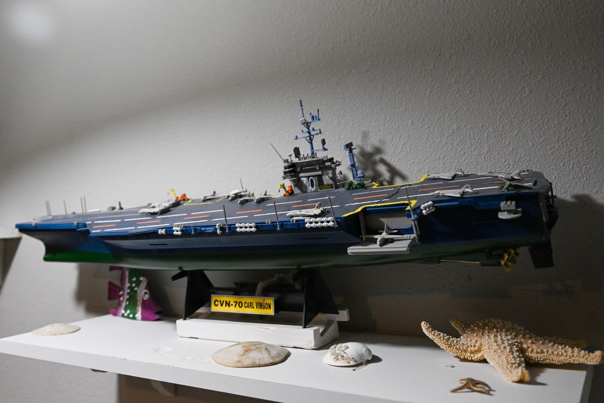 Bill Widrig built this detailed plastic model of the USS Carl Vinson. His models are from a mix of plastic and wood modeling kits, with a mix of modern and historic vessels.  (Jesse Tinsley/THE SPOKESMAN-REVIEW)