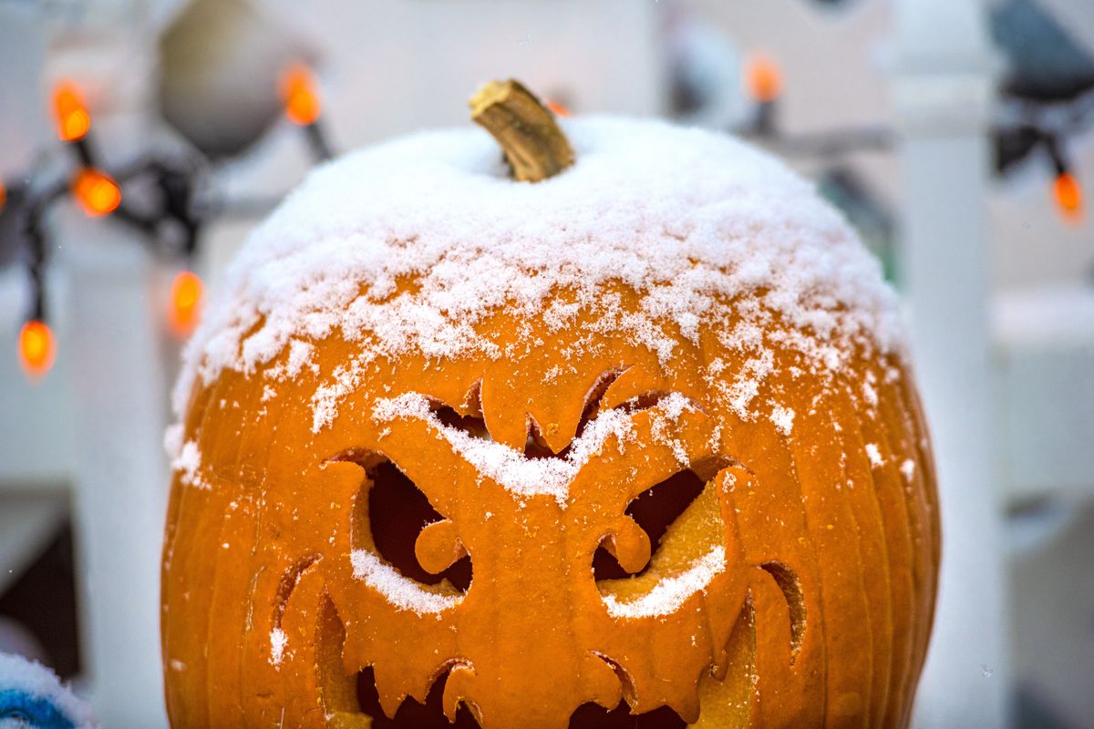 TOO SOON: The white stuff covers this pumpkin in Post Falls on Friday as the region experienced its first significant snowfall of the season. With warmer temperatures this week, the snow should be gone by Halloween.  (Kathy Plonka/The Spokesman-Review)