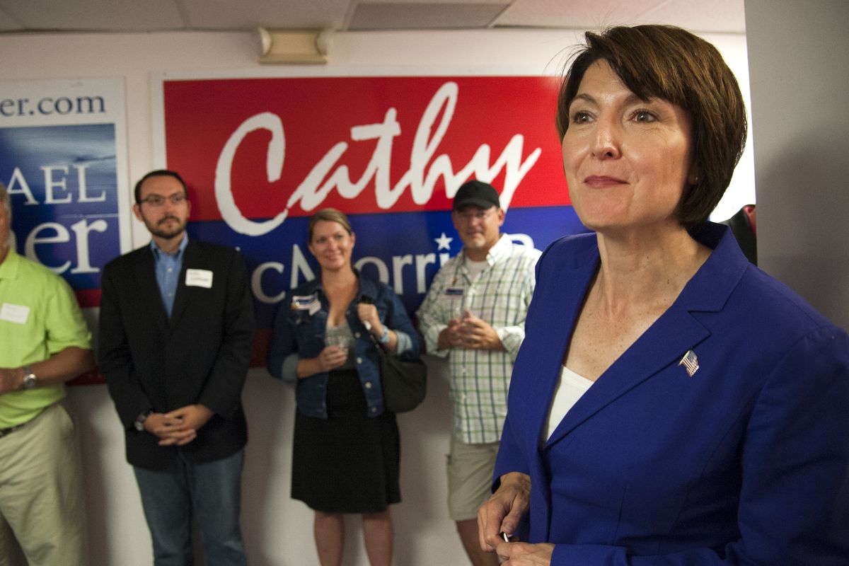 Congresswoman Cathy McMorris Rodgers addresses supporters during an election evening gathering Tuesday in downtown Spokane. (Dan Pelle)