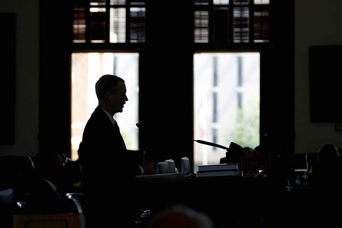 Texas State Rep. Andrew Murr, R-Kerrville, answers questions of fellow lawmakers as they debate voting bill SB1 in the House Chamber at the Texas Capitol, Thursday, Aug. 26, 2021, in Austin, Texas.  (Eric Gay)