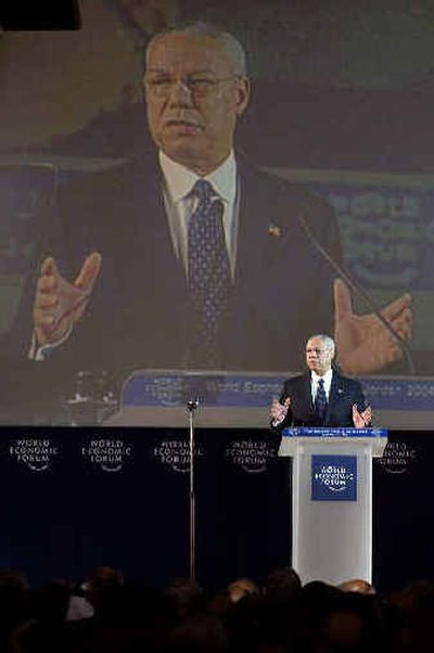 American Secretary of State Colin Powell speaks at the Southern Shuneh resort on the Dead Sea, Jordan, on Saturday.American Secretary of State Colin Powell speaks at the Southern Shuneh resort on the Dead Sea, Jordan, on Saturday.
 (Associated PressAssociated Press / The Spokesman-Review)