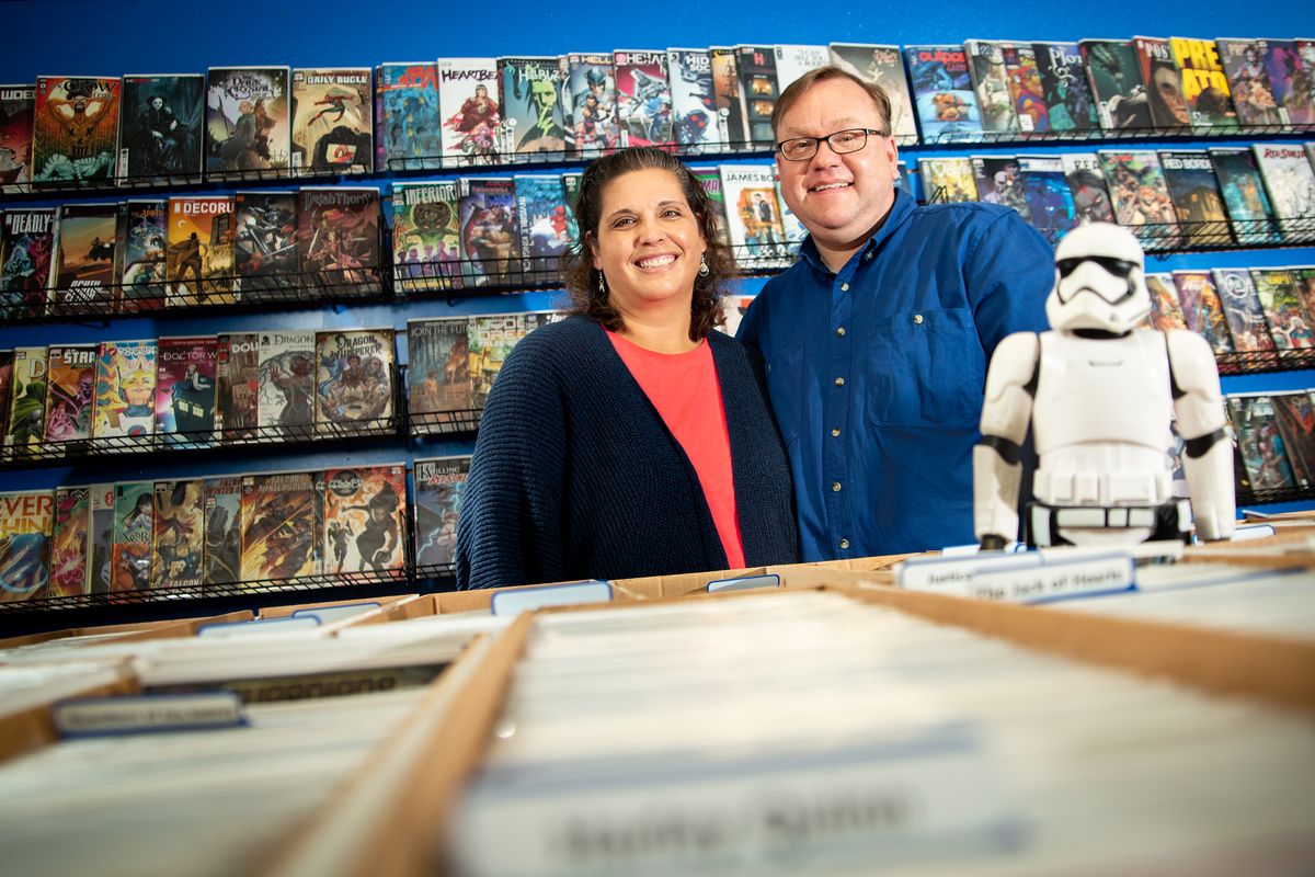 Tawnia and Ken LeMay are two of seven owners of local comic book store Monkey Biz, which is also co-owned by Teria and Tim Dashiell, Robin and Jack Jackson and Carol LeMay who are not pictured. The store at 2928 N. Nevada St. recently reopened its doors after a two-month COVID-19 closure, but has been in operation since October 2019. The shop has rooms for group gaming like Dungeons and Dragons, a Virtual Reality space that is currently on pause due to the pandemic, and spaces to host events like birthday parties among a wide selection of graphic art and collectibles.  (Libby Kamrowski/The Spokesman-Review)