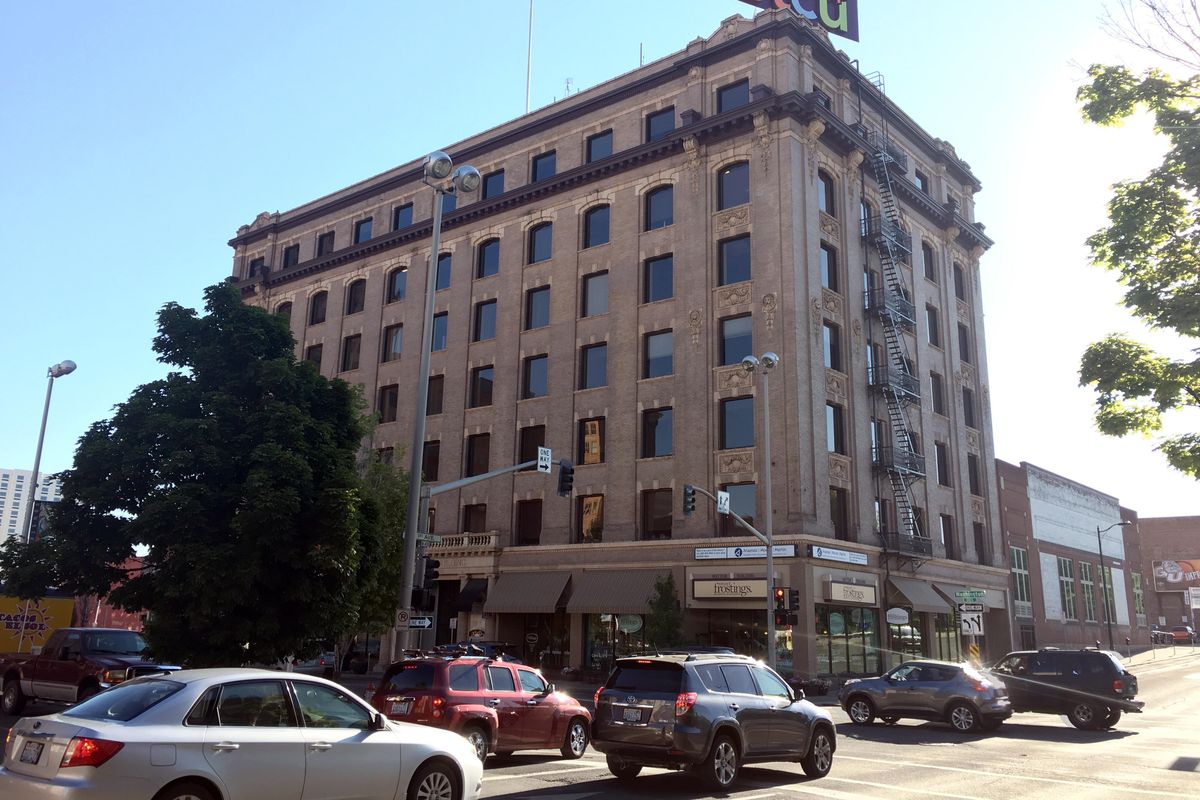 Present day: Levi and May Hutton completed the four-story Hutton Building in 1907, but they added three more floors in 1910. The couple, who had made their money in mining, lived in the building until 1914, when they moved to their new home on the South Hill. The building, on Washington Street between First Avenue and Sprague Avenue, is owned by STCU. (Jesse Tinsley / The Spokesman-Review)