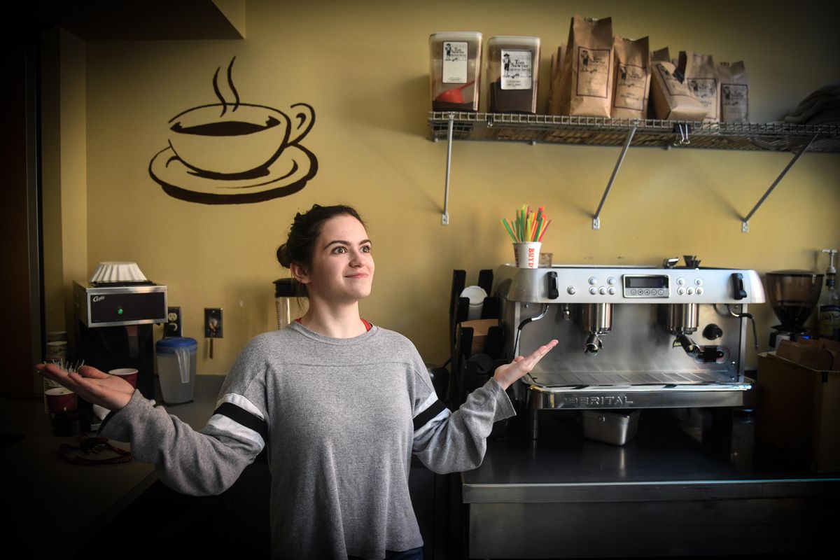 Rogers High School junior Stevie Morgan is the manager of Pirate’s Perk coffee shop inside the school. (Dan Pelle / The Spokesman-Review)