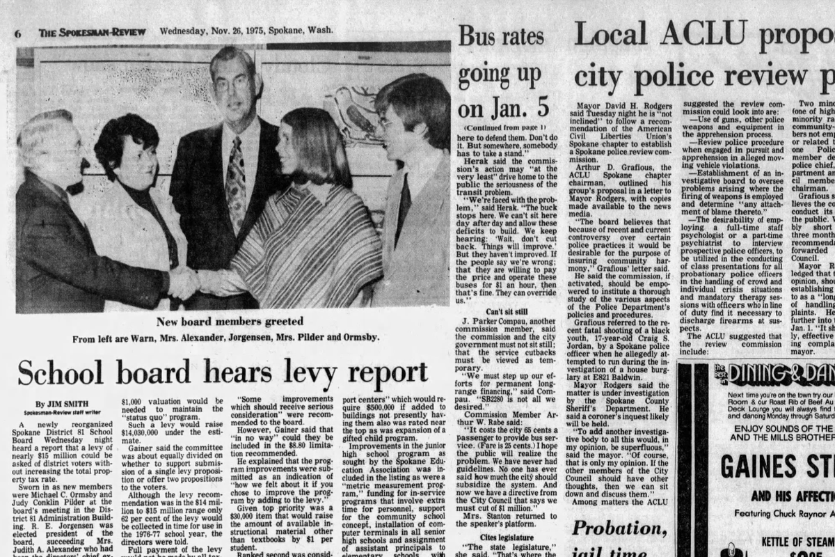 Spokane Mayor David H. Rodgers said he did not plan to form a Spokane Police Review Committee to investigate the fatal police shooting of Lewis and Clark High School student Craig S. Jordan, The Spokesman-Review reported on Nov. 26, 1975. The newspaper also reported that Michael Ormsby was sworn in as a Spokane School Board member. Ormsby would go on to serve as the U.S. attorney in Eastern Washington during the Obama administration.  (Spokesman-Review archives)