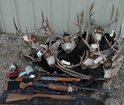 Firearms, spotlights and deer heads were confiscated from Idaho men convicted of a three-month poaching spree. (Idaho Department of Fish and Game)