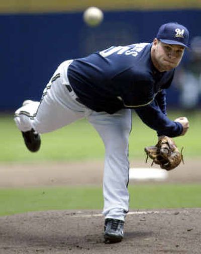 Milwaukee's Ben Sheets, shown pitching last May against Atlanta, struck out 264 batters last season, second in the National League to Randy Johnson.
(Associated Press / The Spokesman-Review)
