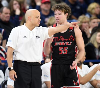 Eastern Washington University coach Shantay Legans chats with guard Ellis Magnuson during a game against Gonzaga on Dec. 21, 2019, in the McCarthey Athletic Center. (Dan Pelle/THE SPOKESMAN-REVIEW)