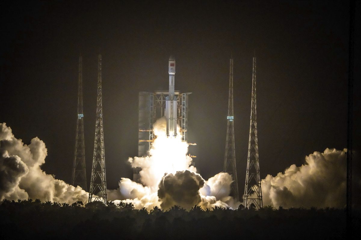 A Long March 7 rocket carrying the Tianzhou-2 spacecraft lifts off from the Wenchang Space Launch Center in Wenchang in southern China