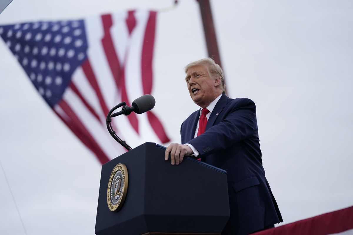President Donald Trump speaks during a campaign rally at MBS International Airport, Thursday, Sept. 10, 2020, in Freeland, Mich.  (Evan Vucci)