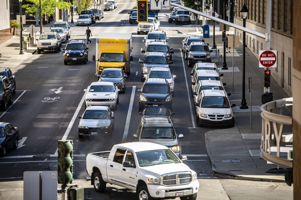 Traffic heading north on Lincoln Street in route to the Monroe Street Bridge, backs up at Main Avenue during rush hour, Friday, July 13, 2018. Colin Mulvany/THE SPOKESMAN-REVIEW (Colin Mulvany / The Spokesman-Review)