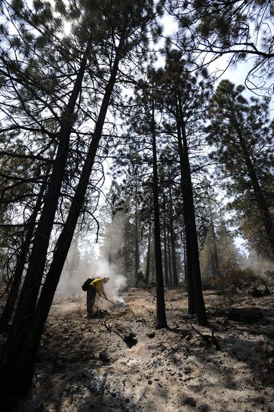 In this June 9, 2014 photo, a firefighter works to extinguish hotspots to secure the fire line on the east flank of the Two Bulls fire outside Bend, Ore. Officials have told residents near a 140-acre wildfire burning about 11 miles west of the central Oregon city of Bend to be ready to evacuate. (Ryan Brennecke / AP)