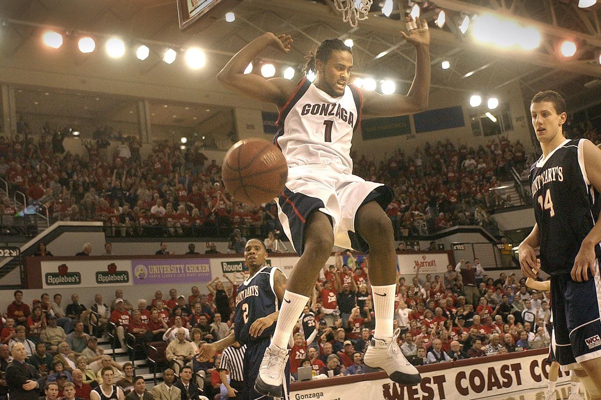 Gonzaga forward Ronny Turiaf clears the paint after a first-half dunk in the 2005 WCC Tournament title game vs. St. Mary’s. (Brian Plonka / The Spokesman-Review)