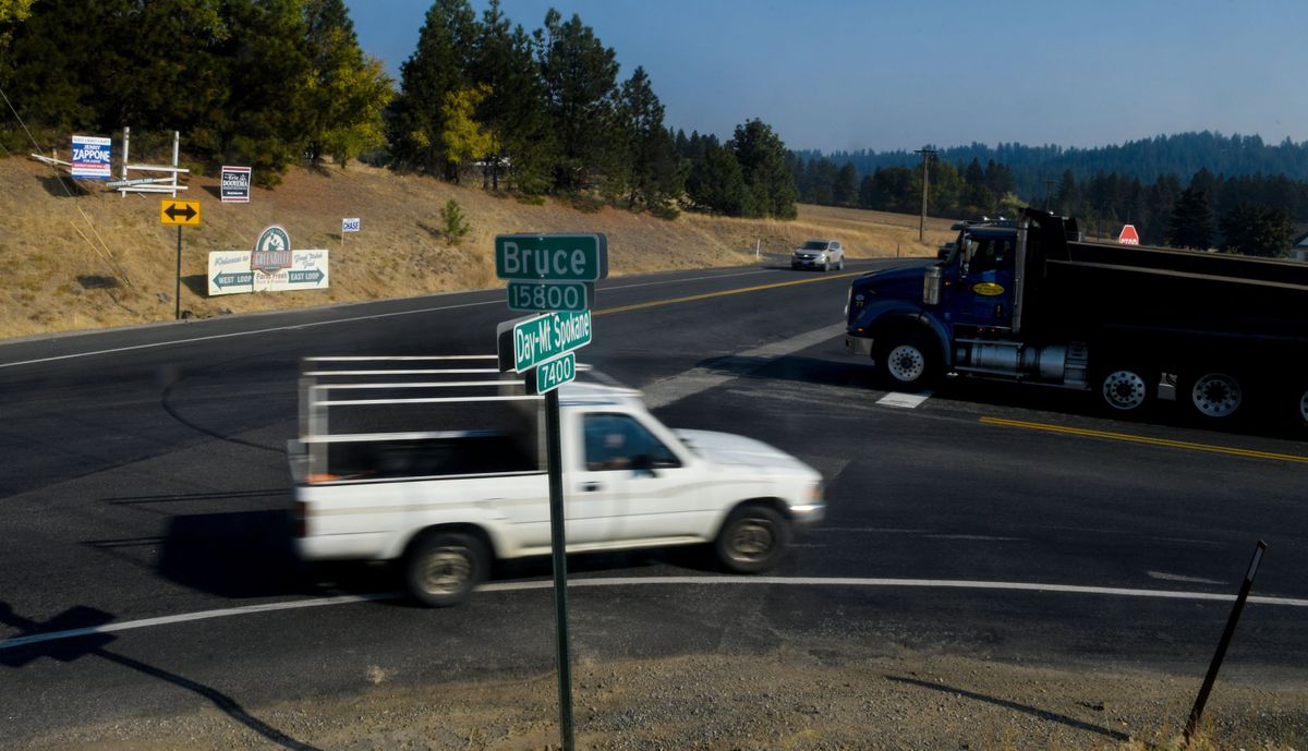 The intersection of Day Mt. Spokane and Bruce roads is a dangerous spot, local farmers say.  (Kathy Plonka/The Spokesman-Review)