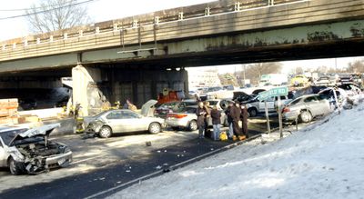 A car that slid on ice caused a  13-car pileup near Greenwich, Conn., on Sunday.  Police said no serious injuries were reported.  (Associated Press / The Spokesman-Review)