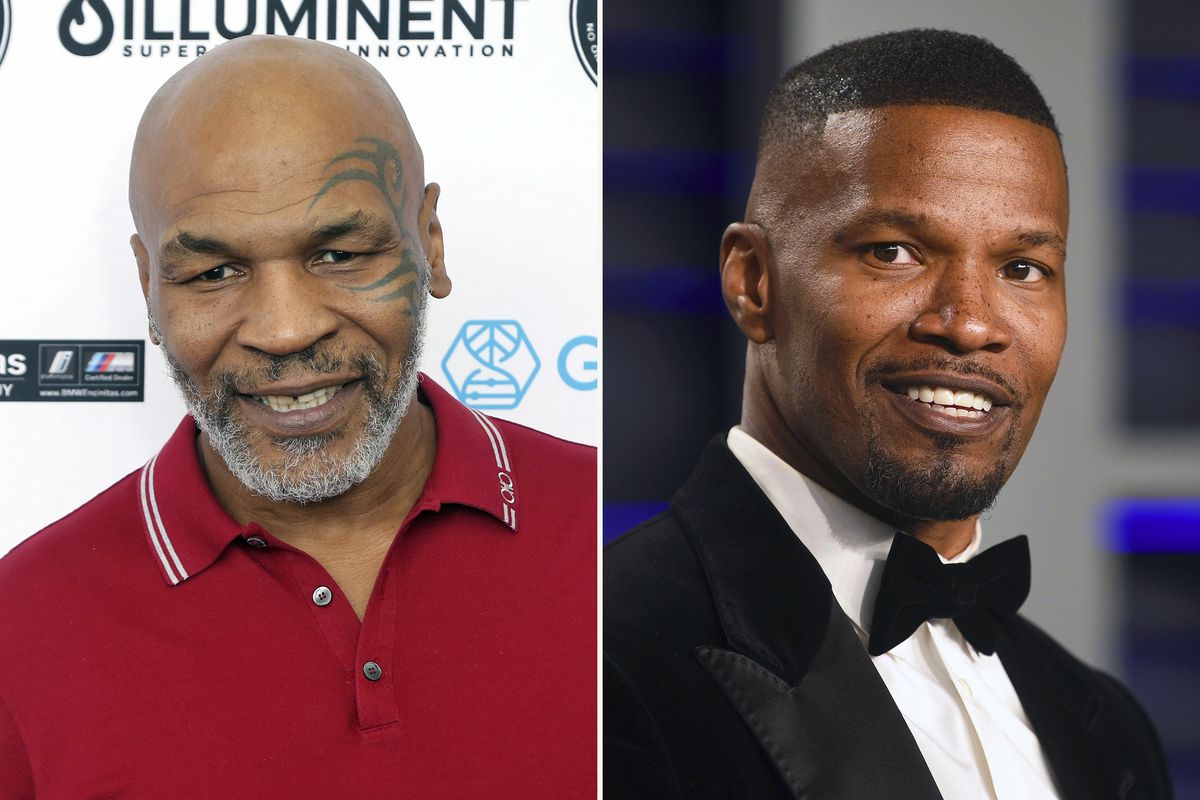 In this combination photo, Mike Tyson, left, attends a celebrity golf tournament on Aug. 2, 2019, in Dana Point, Calif. and Jamie Foxx arrives at the Vanity Fair Oscar Party on Feb. 24, 2019, in Beverly Hills, Calif. Tyson says he