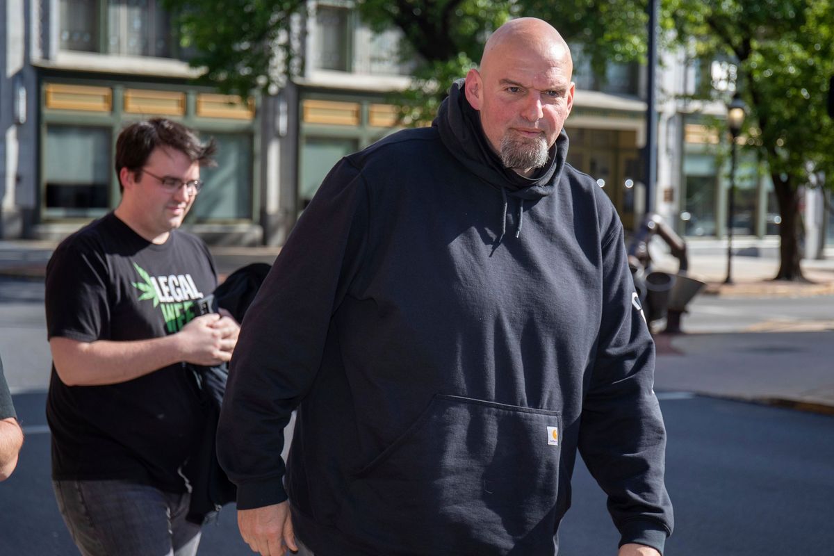 John Fetterman arrives at the Holy Hound Tap Room in downtown York, Pa., Thursday, May. 12, 2022.  (Mark Pynes)