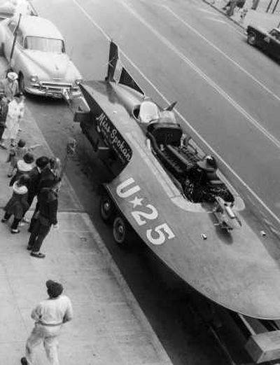 
Miss Spokane, the Inland Empire's unlimited hydroplane, was on public display at the corner of Main and Post in Spokane in April 1958. 
 (Photo archive / The Spokesman-Review)