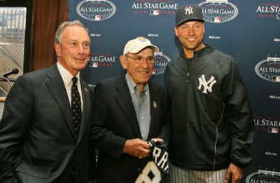 
New York Mayor Michael Bloomberg, left, Hall of Fame catcher Yogi Berra and Yankees shortstop Derek Jeter announce start of online balloting for All-Star Game. Associated Press
 (Associated Press / The Spokesman-Review)