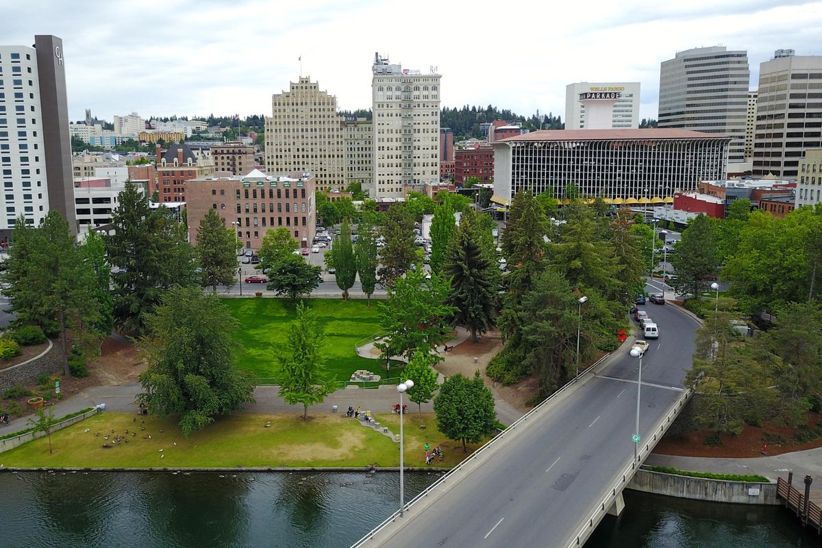 Where the elegant Union Station once sat on Spokane Falls Boulevard, today is a meadow and the Red Wagon play area. The station that once served the OWR&N, the Milwaukee Road, Union Pacific and Robert Strayhorn’s North Coast was removed in 1972-73 to make way for Expo ’74. (Jesse Tinsley / The Spokesman-Review)