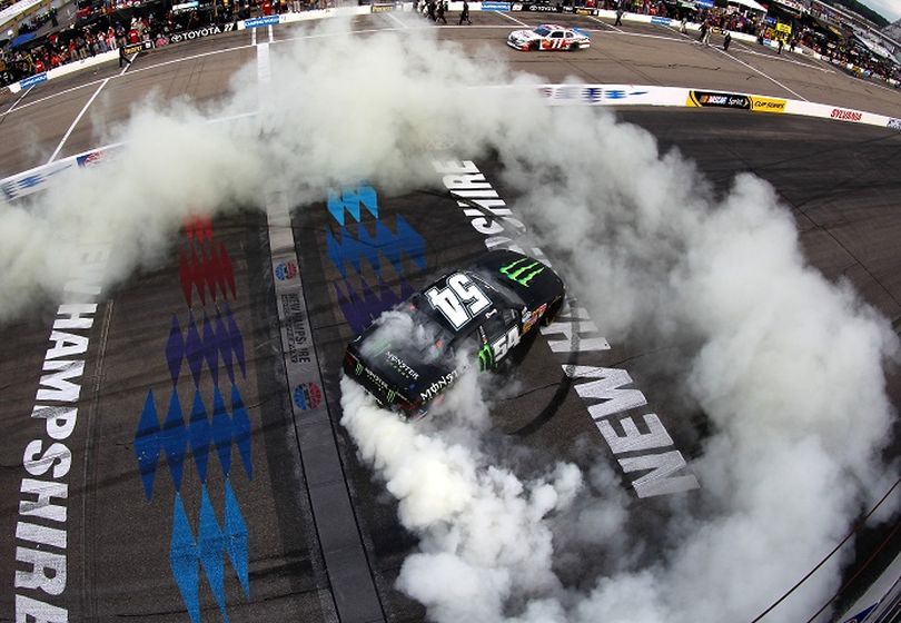 Kyle Busch, driver of the #54 Monster Energy Toyota, celebrates winning the NASCAR Nationwide Series CNBC Prime's The Profit 200 at New Hampshire Motor Speedway on July 13, 2013 in Loudon, New Hampshire. (Photo Credit: Jonathan Ferrey/Getty Images) (Jonathan Ferrey / Nascar)