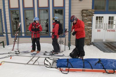 Members of the Mt. Spokane Ski Patrol, left to right, Jacqueline Essig, Carolann Christensen, and Justin Slawson prepare to hit the slopes to assist skiers  Jan. 29.  (Colin Mulvany / The Spokesman-Review)