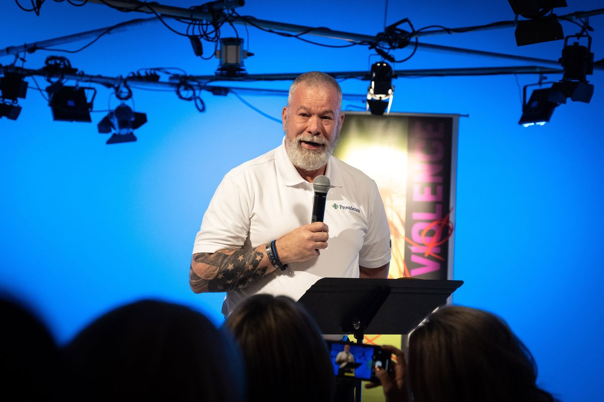 During the Domestic Violence Toolkit launch, Ed Kelly, Providence Environmental Services manager, speaks about Patty Hernandez, a Providence employee he managed who was tragically killed by her boyfriend in 2019, on Tuesday at Hamilton Studio.  (COLIN MULVANY/THE SPOKESMAN-REVIEW)