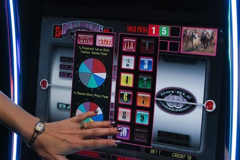 An employee demonstrates how to wager on historic horse racing terminals at Les Bois Park on Thursday, March 5, 2015, in Garden City, Idaho. (AP / Otto Kitsinger)