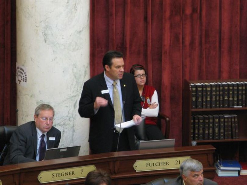 Sen. Russ Fulcher, R-Meridian, speaks out for HB 493, the education 'mastery' bill, in the Senate on Thursday; the House-passed bill would set up a pilot program to offer incentives, including scholarships, to students who move through school more quickly and graduate at least a year early. In mid-debate, Fulcher pulled the bill, saying he couldn't find the clause showing that the program was temporary; it was sent to the Senate's amending order to clarify that. (Betsy Russell)