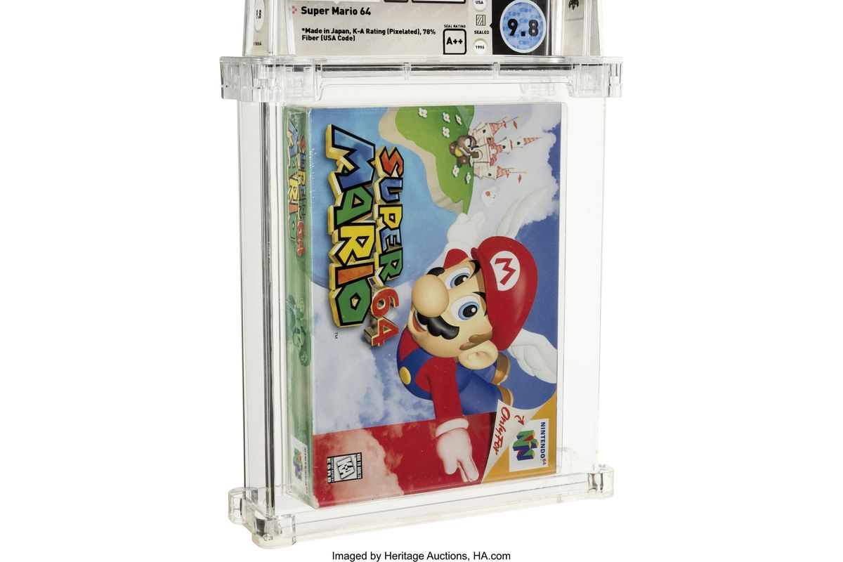 This photo provided by Heritage Auctions shows an unopened copy of Nintendo’s "Super Mario 64" that has sold at auction for $1.56 million. Heritage Auctions in Dallas said that the 1996 video game sold Sunday, July 11, 2021, breaking its previous record price for the sale of a single video game.  (Heritage Auctions)