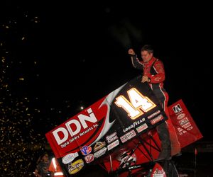 Jason Meyers celebrates a victory on the World of Outlaws Sprint Car Series. (Photo courtesy of WoO Sprint Car Media Relations)