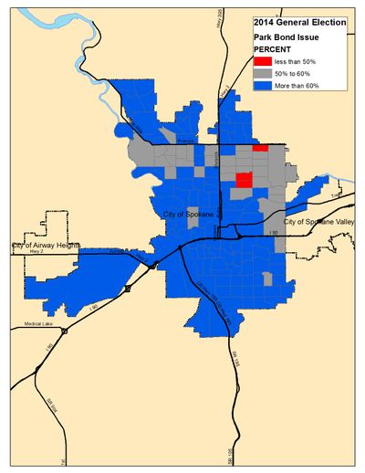 This is a map of the election night tallies for the Spokane city park bond issue. (Jim Camden)