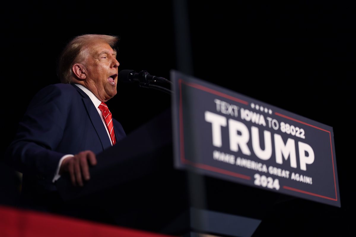 Above: Republican presidential candidate former U.S. President Donald Trump hosts a campaign event at the Orpheum Theater on Sunday in Sioux City, Iowa. Left: John Lauro, attorney for former U.S. President Donald Trump, departs the E. Barrett Prettyman U.S. Court House on Oct. 16 in Washington, D.C.  (Scott Olson)