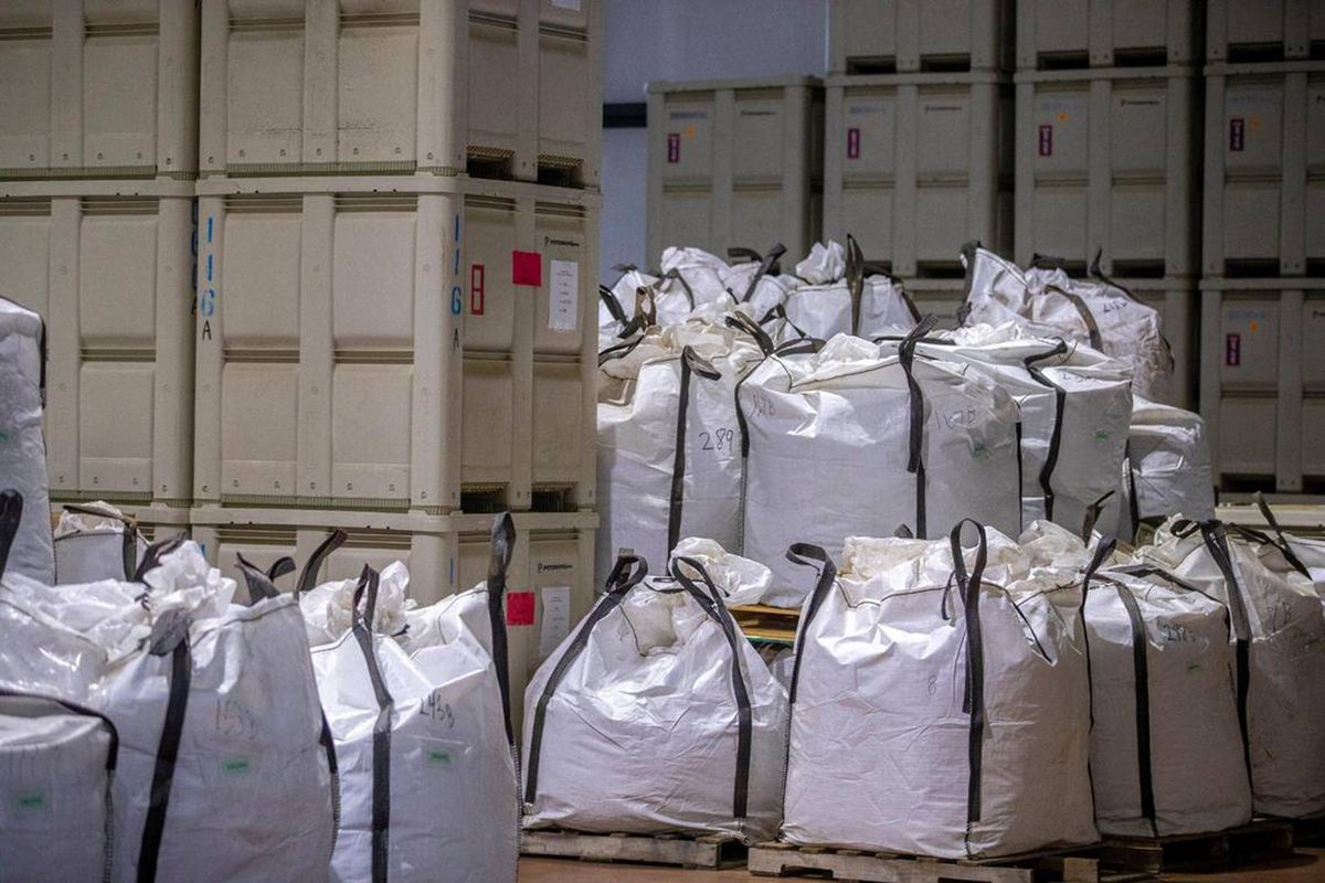 Bags and containers of organic hemp flower buds are stored in a Kentucky Heritage Hemp's warehouse in Nelson County, Kentucky on Wednesday, March 22, 2023. (Ryan C. Hermens/Lexington Herald-Leader/TNS)  (Ryan C. Hermens/Lexington Herald-Leader/TNS)