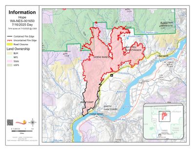 A map of the Hope fire shows the blaze burning near Kettle Falls. The fire was 16% contained Wednesday. (Courtesy of Northwest Incident Management Team 8)
