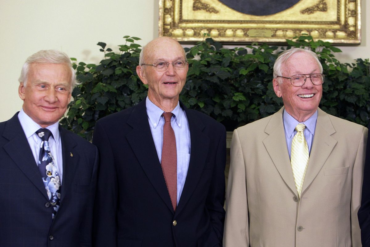 In this July 20, 2009, photo, Buzz Aldrin, left, Michael Collins, center, and Neil Armstrong stand in the Oval Office at the White House in Washington, on the 40th anniversary of the Apollo 11 moon landing. Neil Armstrong was a quiet self-described nerdy engineer who became a global hero when as a steely-nerved pilot he made "one giant leap for mankind" with a small step on to the moon. The modest man who had people on Earth entranced and awed from almost a quarter million miles away has died, according to his family, on Saturday, Aug. 25, 2012. He was 82. (Alex Brandon / Associated Press)
