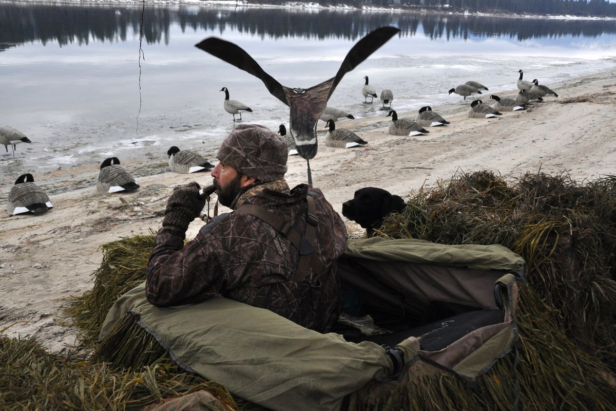 FAKE ONE TO TAKE ONE: Kent Contreras blows on his goose call and waves a goose flag to create sounds and motions that will lure ducks (RICH LANDERS PHOTOS)