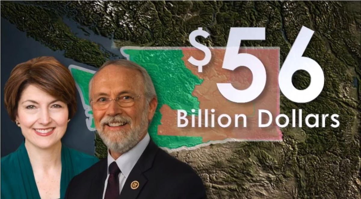 A still image from an online ad produced by the group Question PAC targeting Reps. Cathy McMorris Rodgers and Dan Newhouse. The ad claims that a bill the Republican lawmakers support sets up cuts for veterans programs, but the legislation does not mandate any spending changes. (Question PAC)