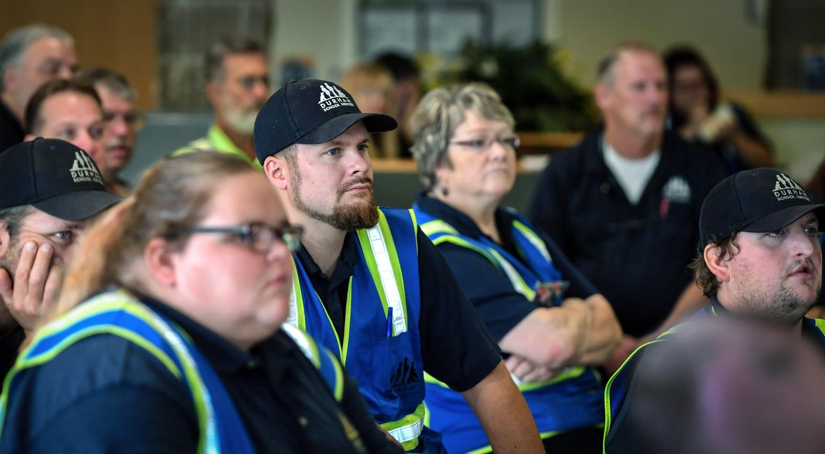 Bus drivers gather for a training class for all Durham School Services drivers in de-escalation tactics Tuesday at Spokane Community College. Around 300 drivers attended the training. (Dan Pelle / The Spokesman-Review)